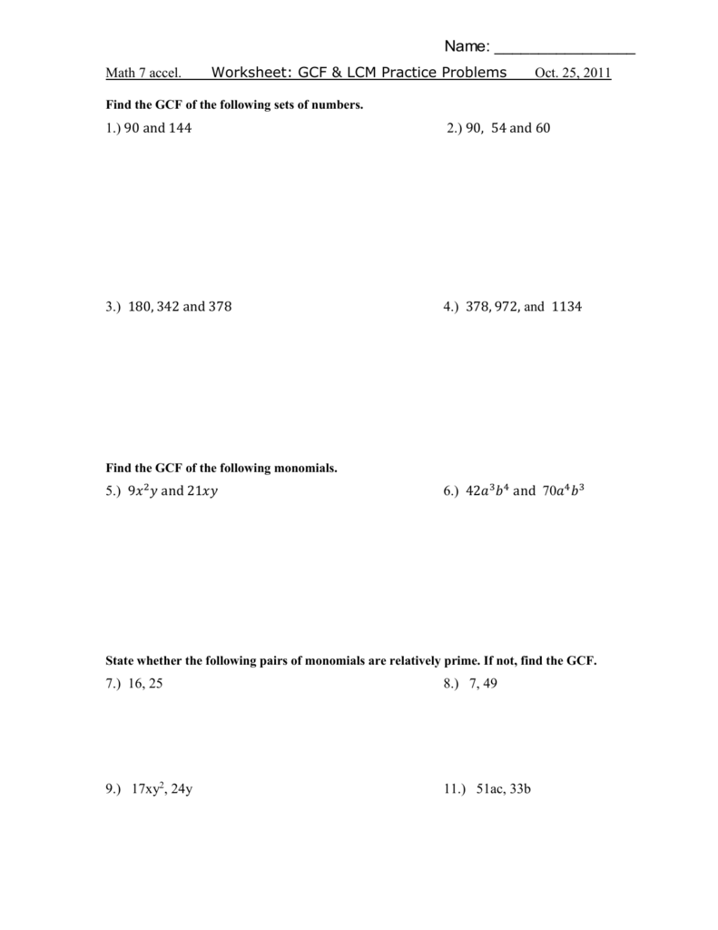 Worksheet GCF Word Problems