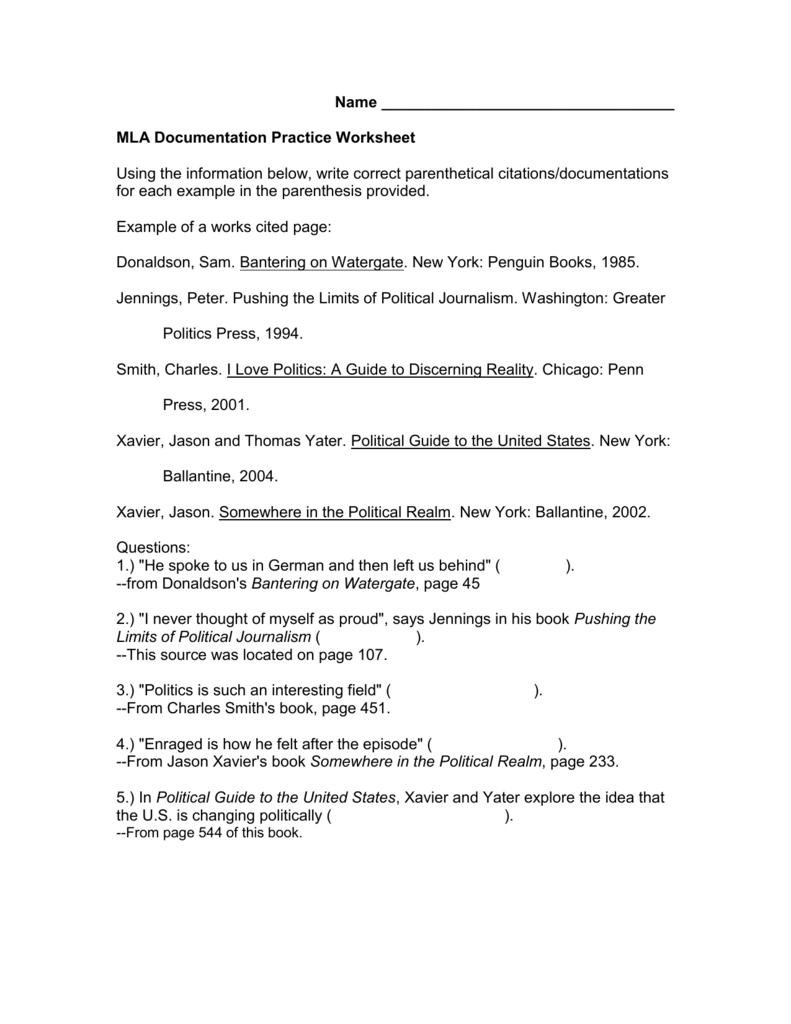 MLA Documentation Practice Worksheet Pertaining To Mla Citation Practice Worksheet