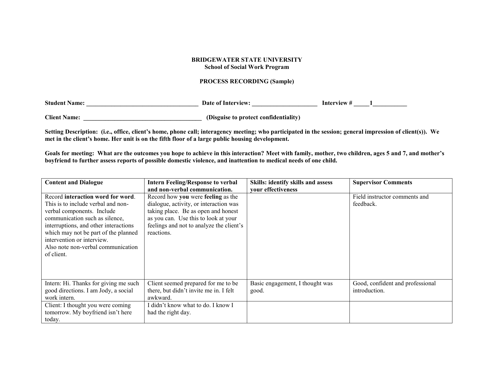 PROCESS RECORDING (Sample) Bridgewater State University