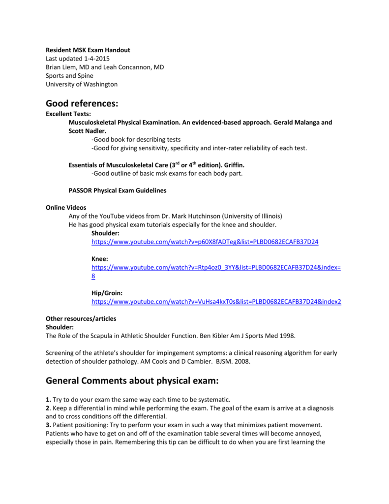 Resources For The Physical Musculoskeletal Exam