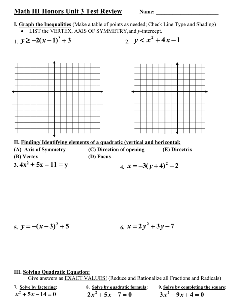 Honors Algebra 2 Unit 3 Test Review