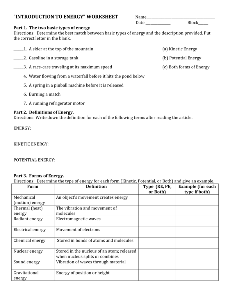 INTRODUCTION TO ENERGY* WORKSHEET With Regard To Forms Of Energy Worksheet Answers