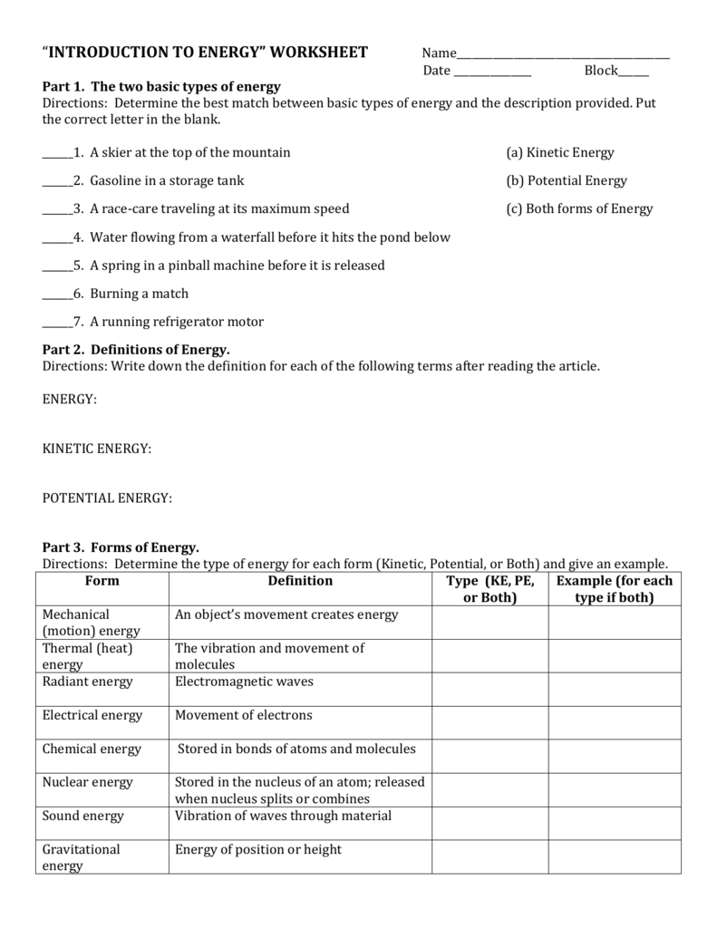 INTRODUCTION TO ENERGY* WORKSHEET Inside Forms Of Energy Worksheet