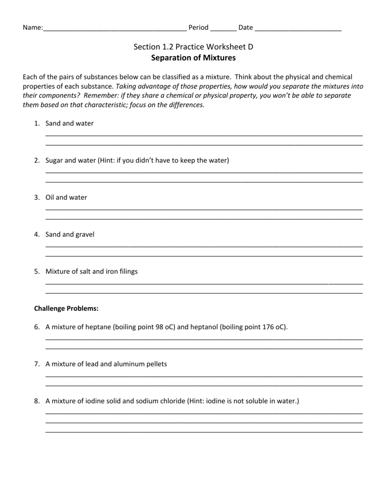 1 2 Practice Wkst D Separation Of Mixtures