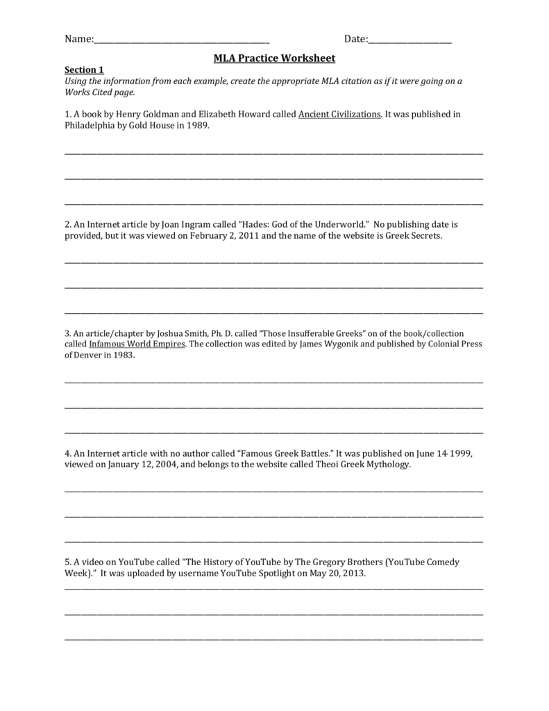 Mla Format Worksheet Printable