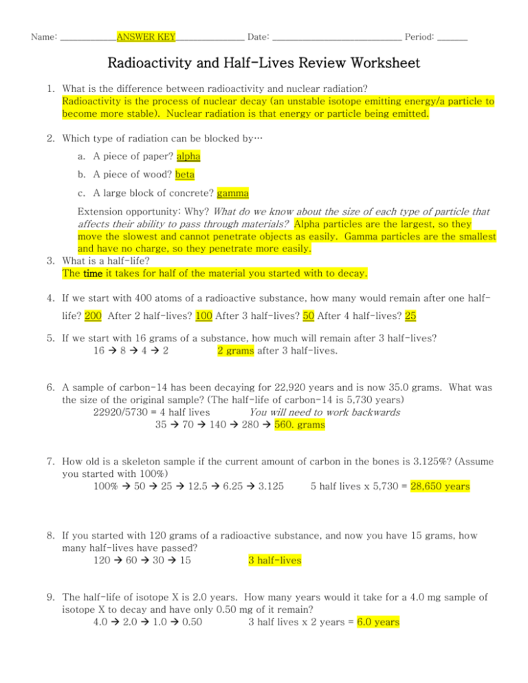 Radioactive Decay Worksheet Key