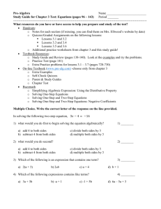 Pre-Algebra Name Study Guide for Chapter 3 Test: Equations