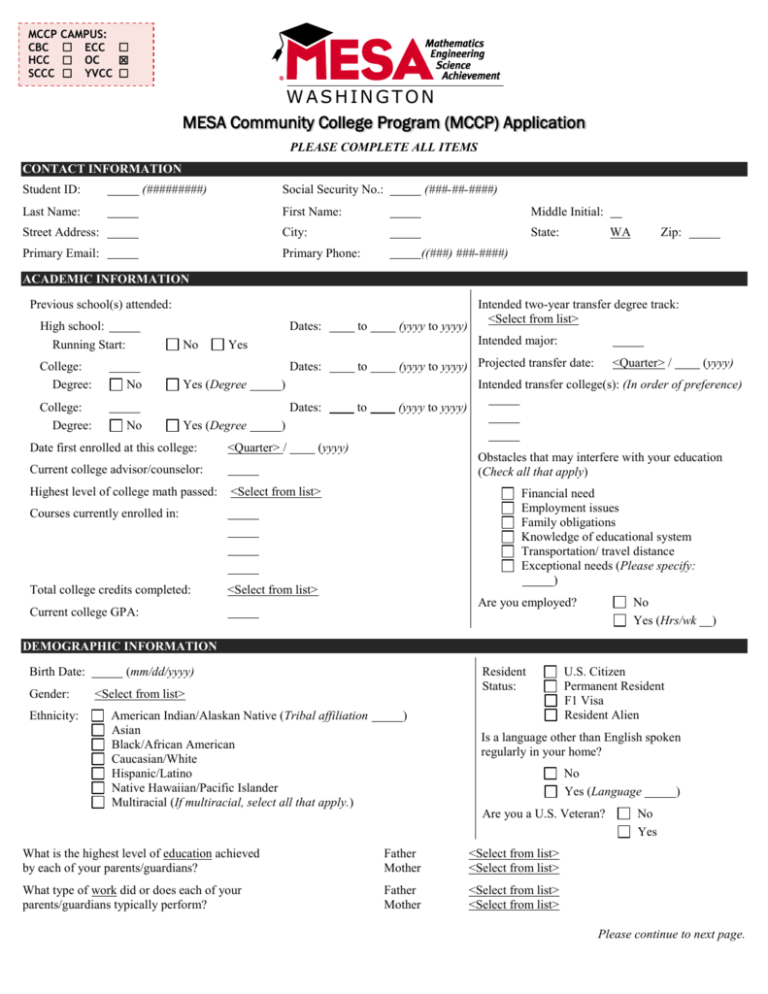 MESA Application And Student Contract