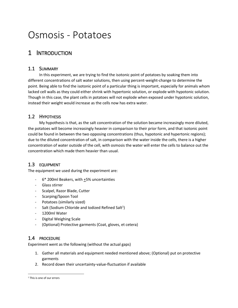 Potato Cell Lab The Effect Of Osmosis In Potato Cells With Different