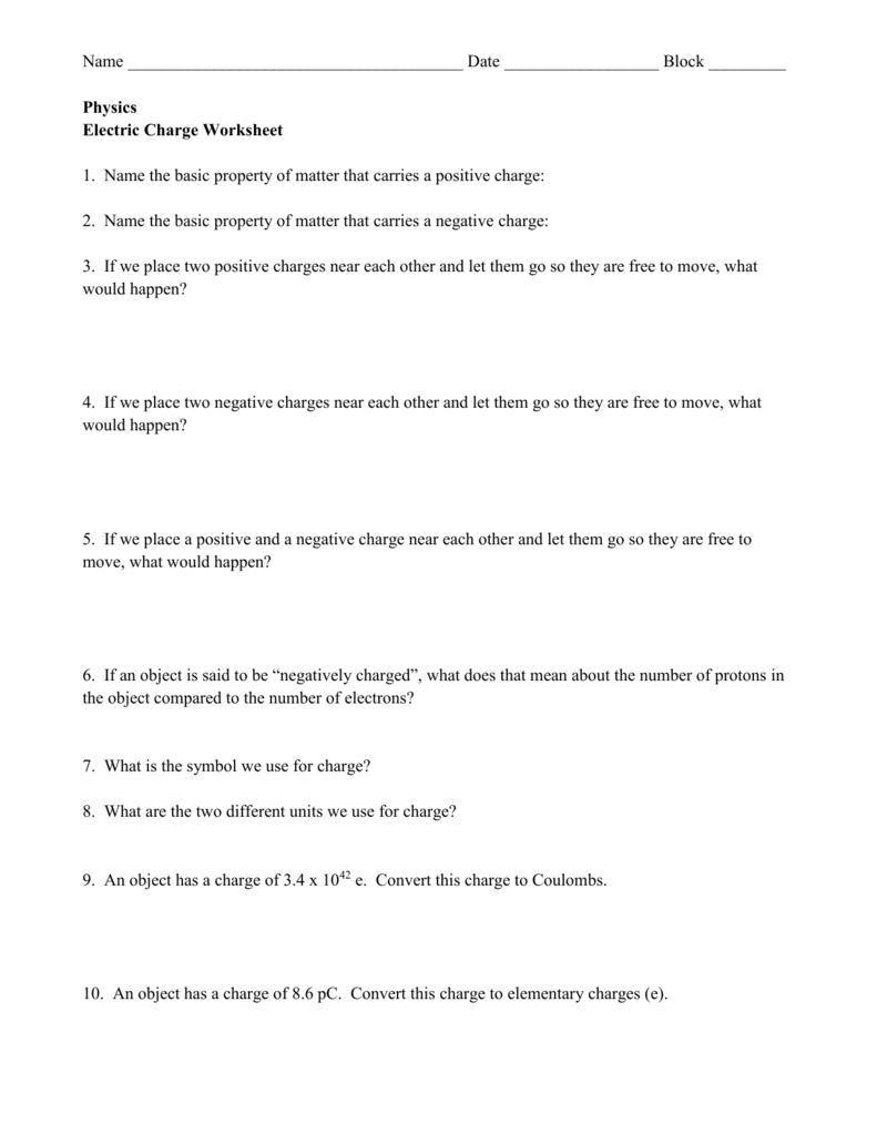 Electric charge worksheet Regarding Charge And  Electricity Worksheet Answers