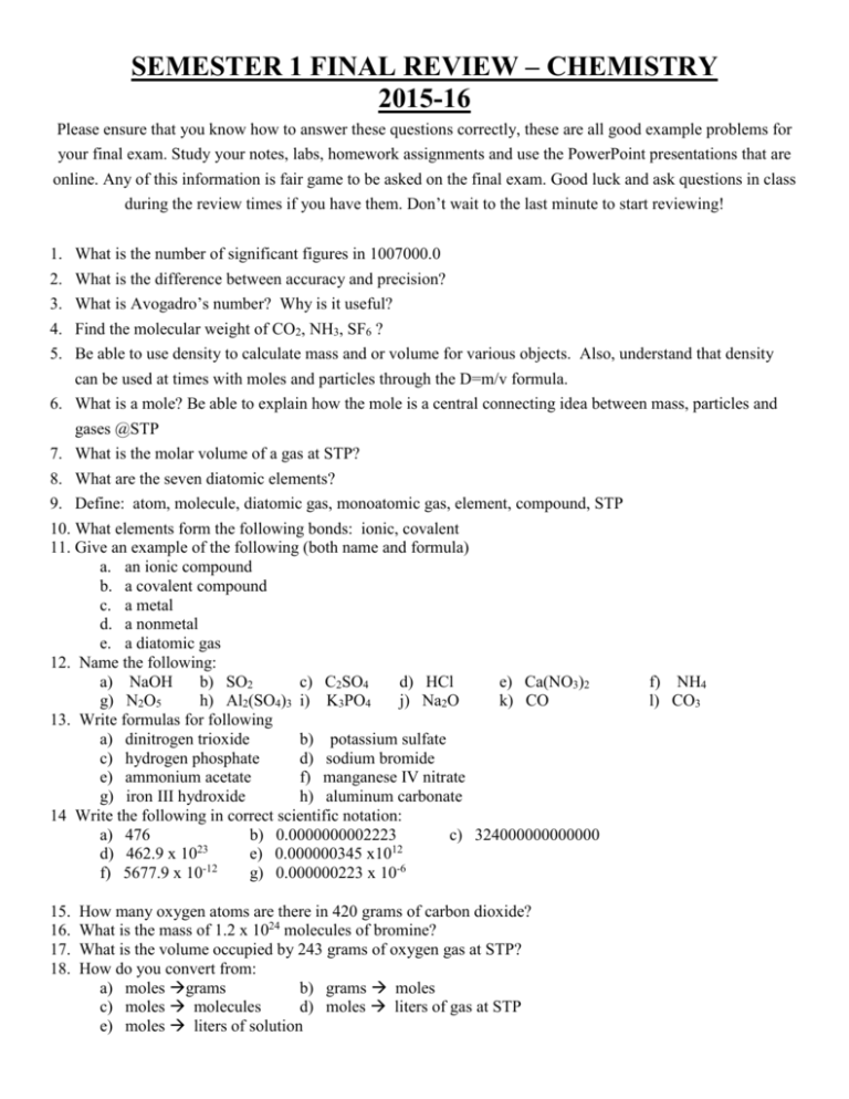 Chemistry Semester 1 Final Review