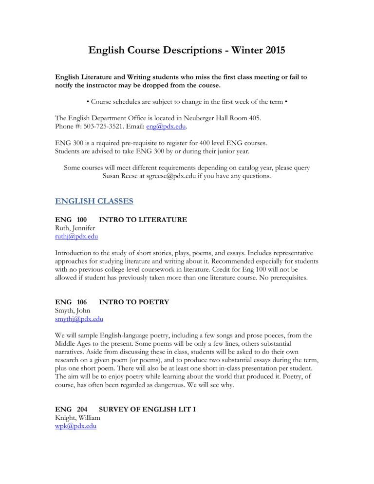 English Course Descriptions Winter 2015