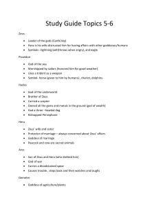 Study Guide Topics 5-6 Zeus Leader of the gods (Earth/sky) Hera is