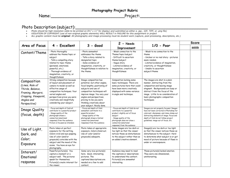 photography assignment rubric