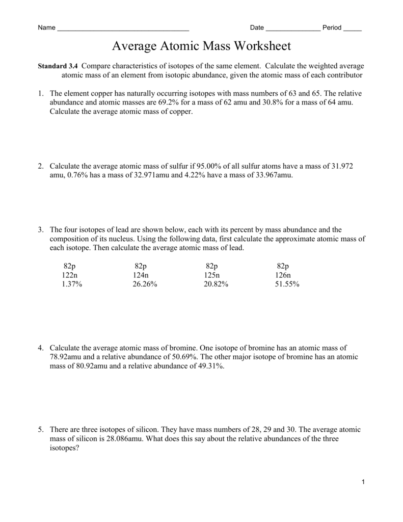 Handout 22 - Average Atomic Mass In Calculating Average Atomic Mass Worksheet