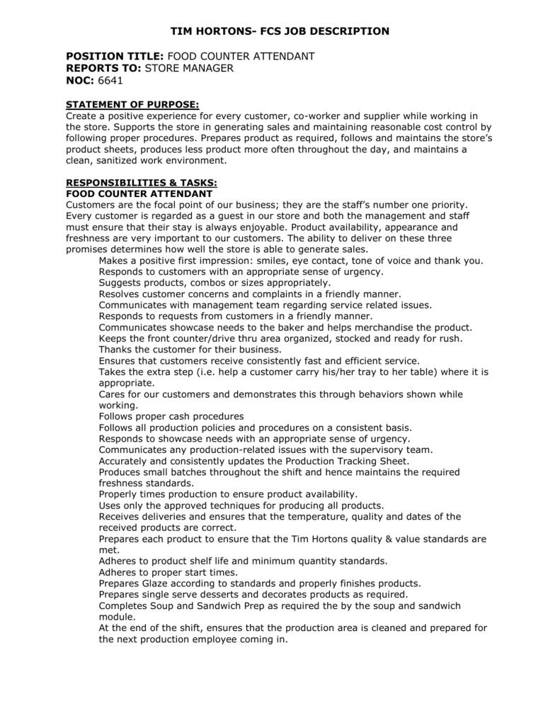 TIM HORTONS FCS JOB DESCRIPTION POSITION TITLE FOOD