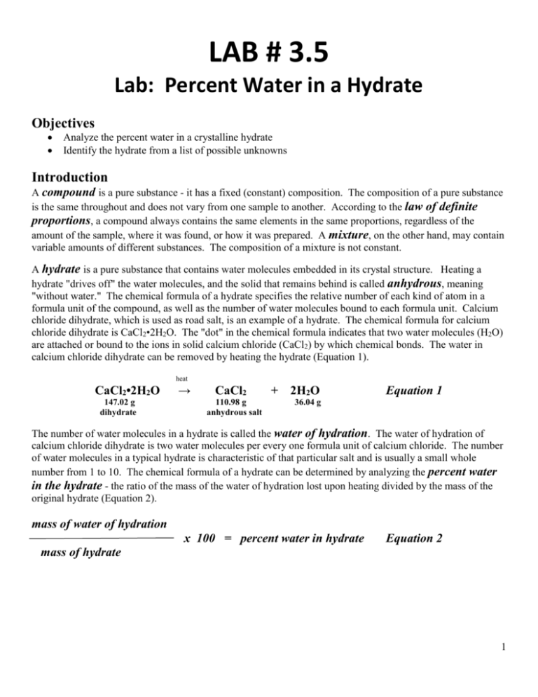 percent water in a hydrate identification of an unknown