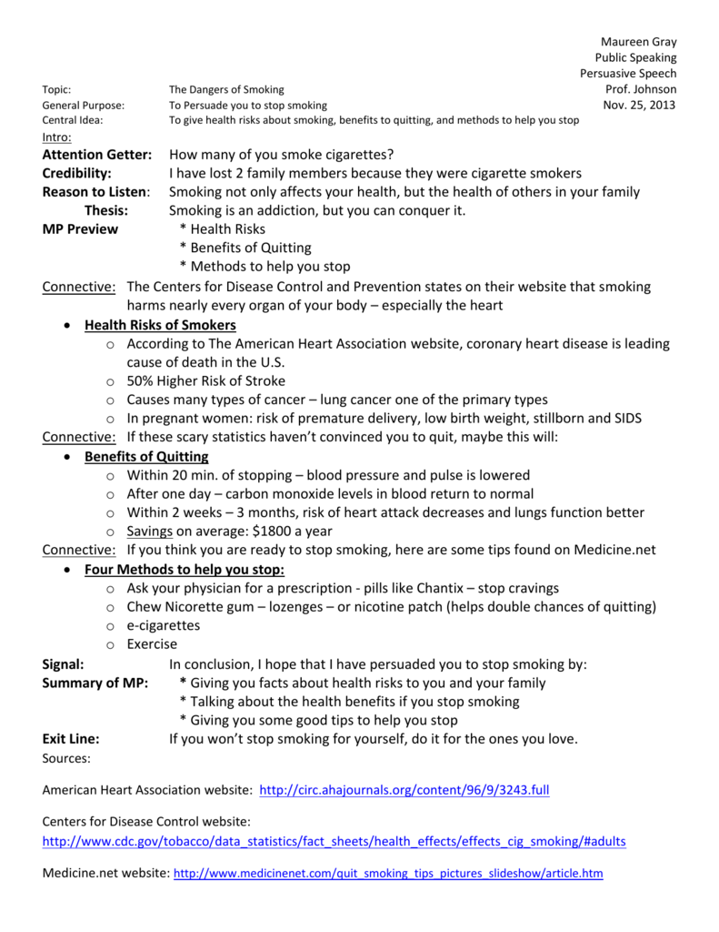 smoking persuasive speech outline