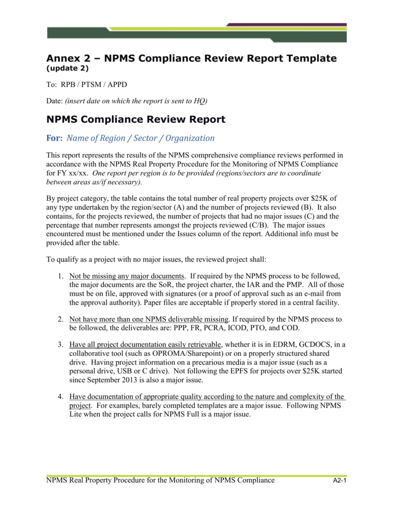 NPMS Compliance Review Report Template (update 23) With Compliance Monitoring Report Template