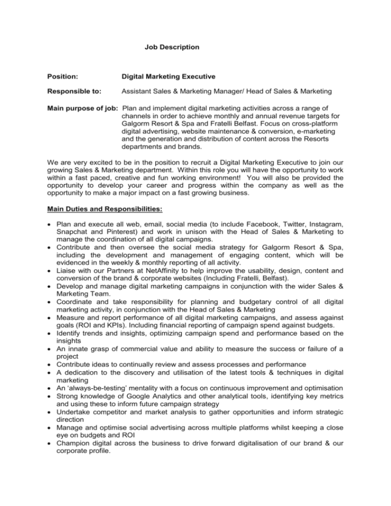 Job Description Position Digital Marketing Executive Responsible To