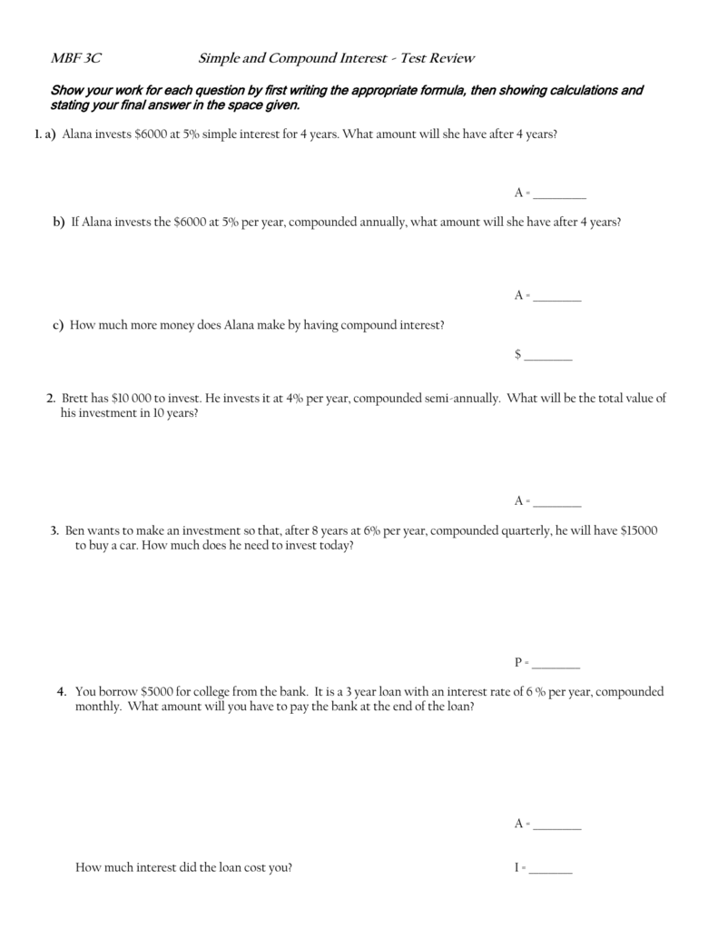 Test Review Assignment - Simple and Compound Interest(11) For Compound Interest Worksheet Answers