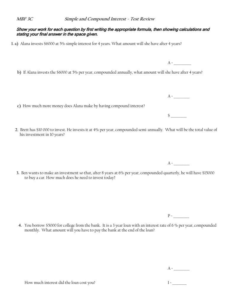 Test Review Assignment - Simple and Compound Interest(21) Within Simple And Compound Interest Worksheet