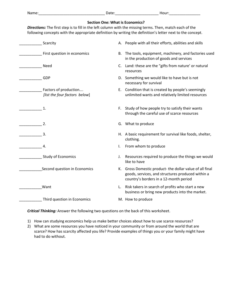 What is Economics?" Worksheets [General and Jose In Factors Of Production Worksheet Answers