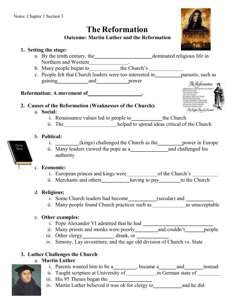 Outcome: Martin Luther and the Reformation Within Protestant Reformation Worksheet Answers