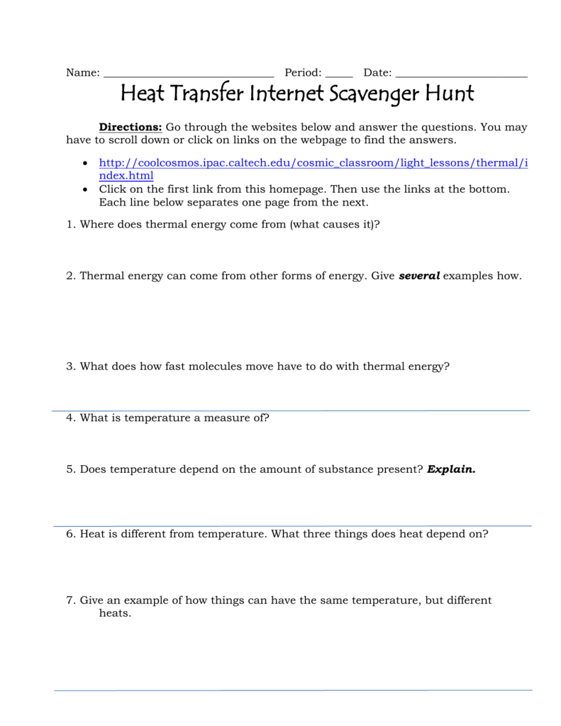 Heat Transfer Internet Scavenger Hunt Throughout Internet Scavenger Hunt Worksheet