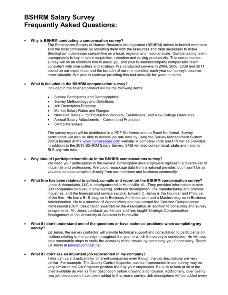 BSHRM Salary Survey Frequently Asked Questions