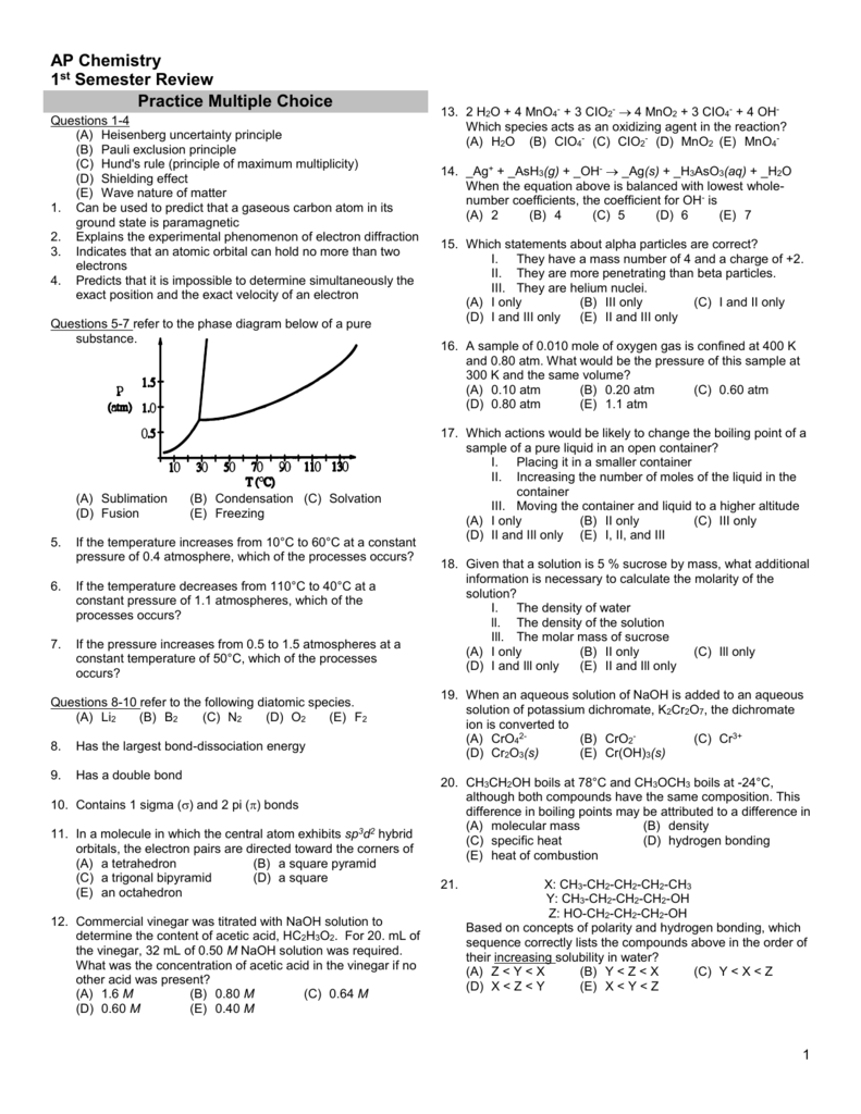 AP Chemistry 1st Semester Review Practice Multiple Choice