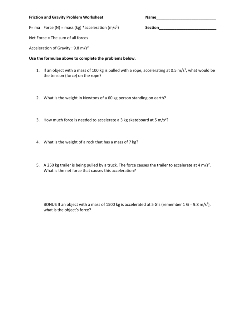 Friction and Gravity Problem Worksheet Within Friction And Gravity Worksheet