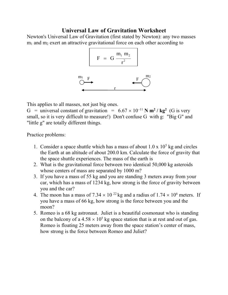 Law Of Universal Gravitation Worksheet Answers - Promotiontablecovers Inside Universal Gravitation Worksheet Answers