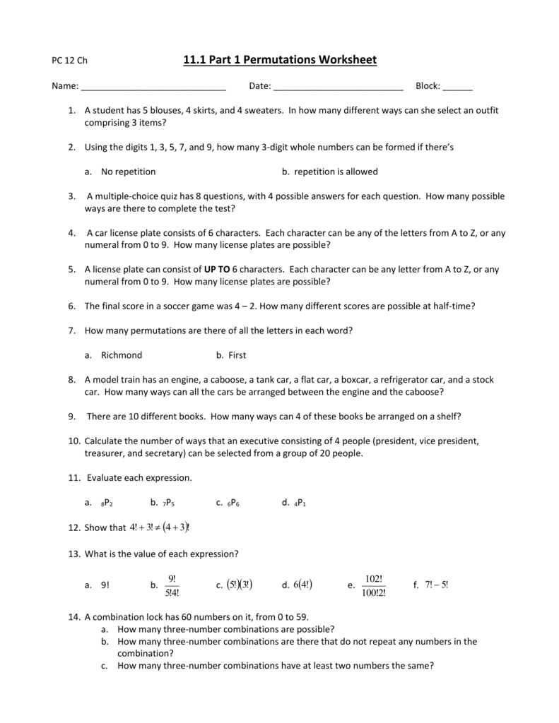 11111111.1111 Part 1111 Permutations Homework Regarding Permutations And Combinations Worksheet