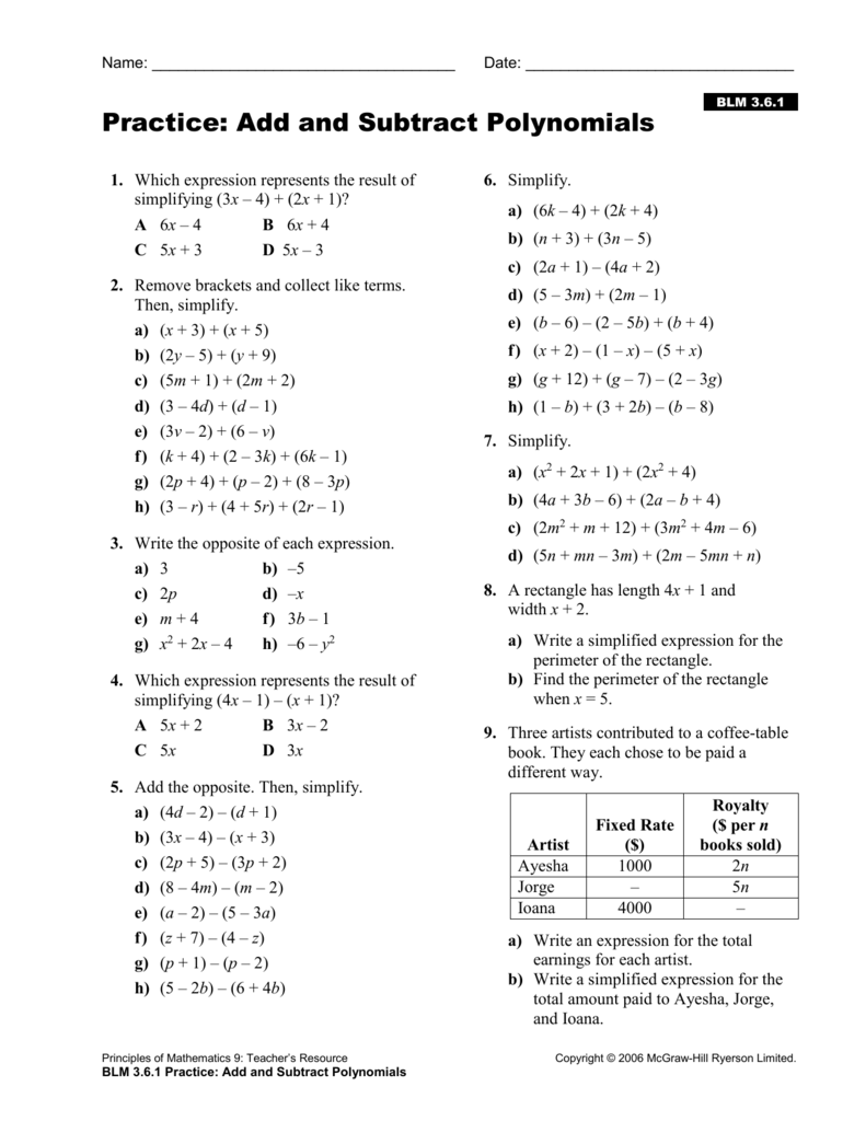 adding and subtracting polynomials assignment