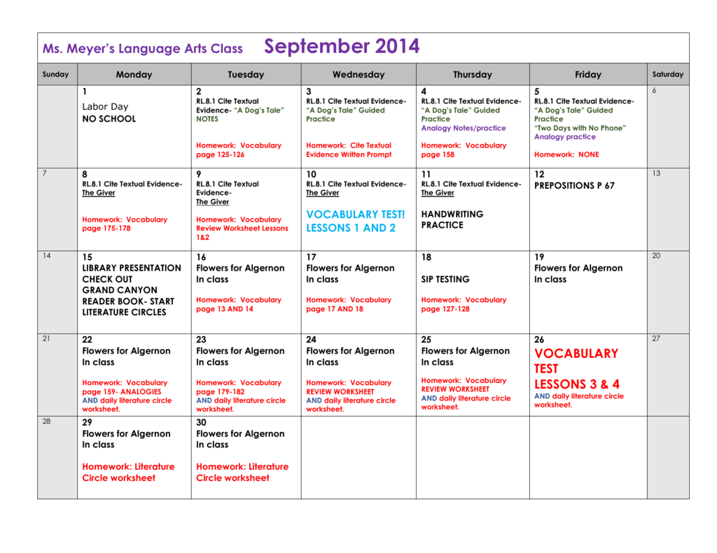 Ms Meyer S Language Arts Class September 2014