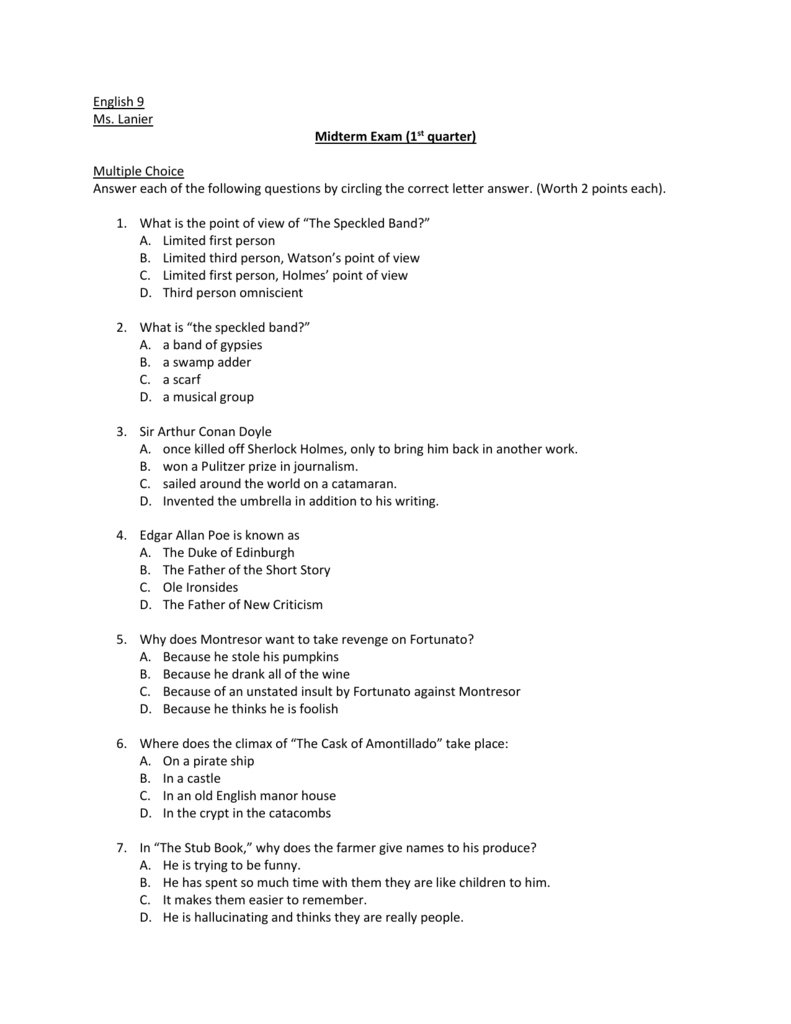 English 1 Midterm Exam Answers