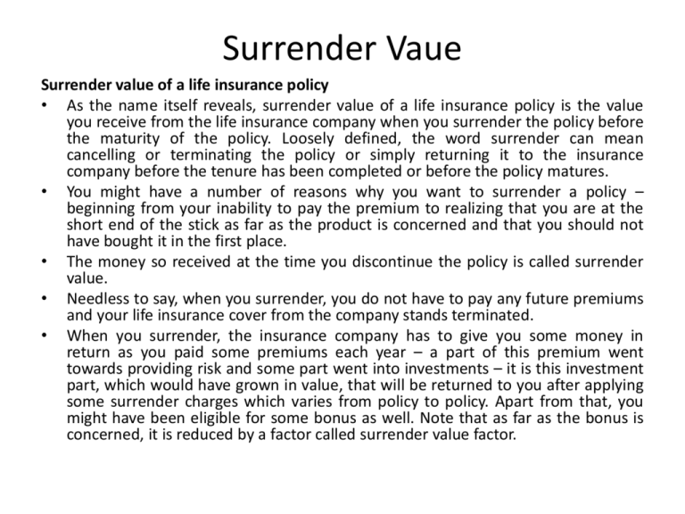Surrender Value Of A Life Insurance Policy