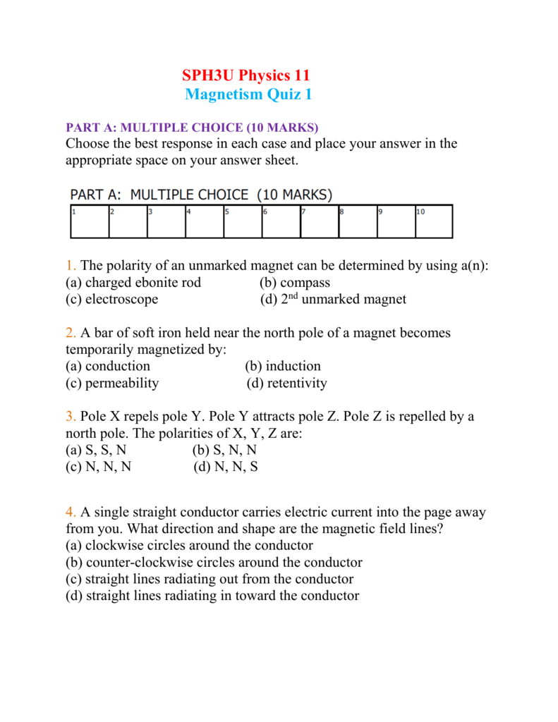 Sph3u Magnetism Quiz 1