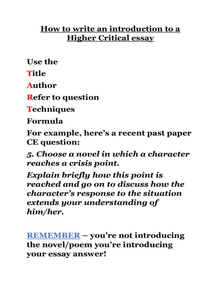 How To Write An Introduction To A Higher Critical Essay