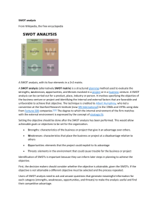 SWOT analysis From Wikipedia, the free encyclopedia A SWOT