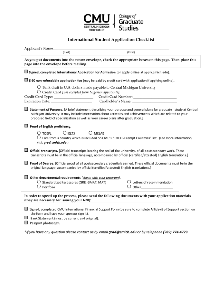 Application Checklist Central Michigan University