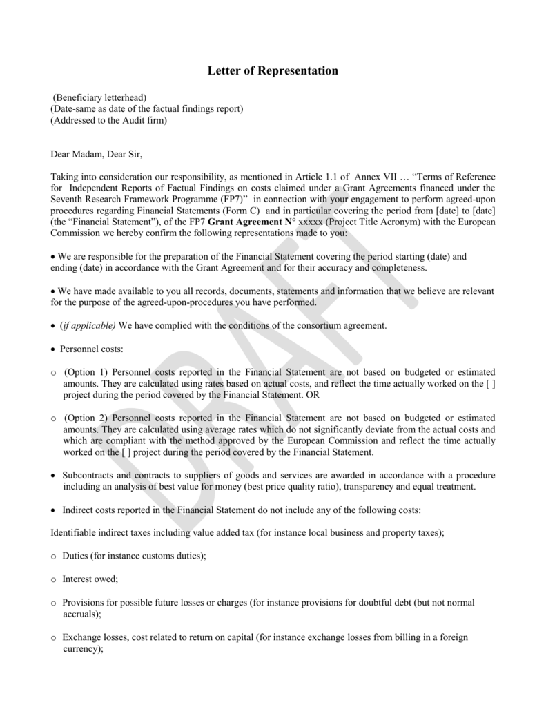 example of management representation letter
