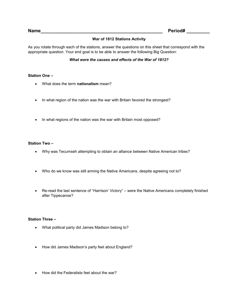 War of 21 Stations Activity Within War Of 1812 Worksheet