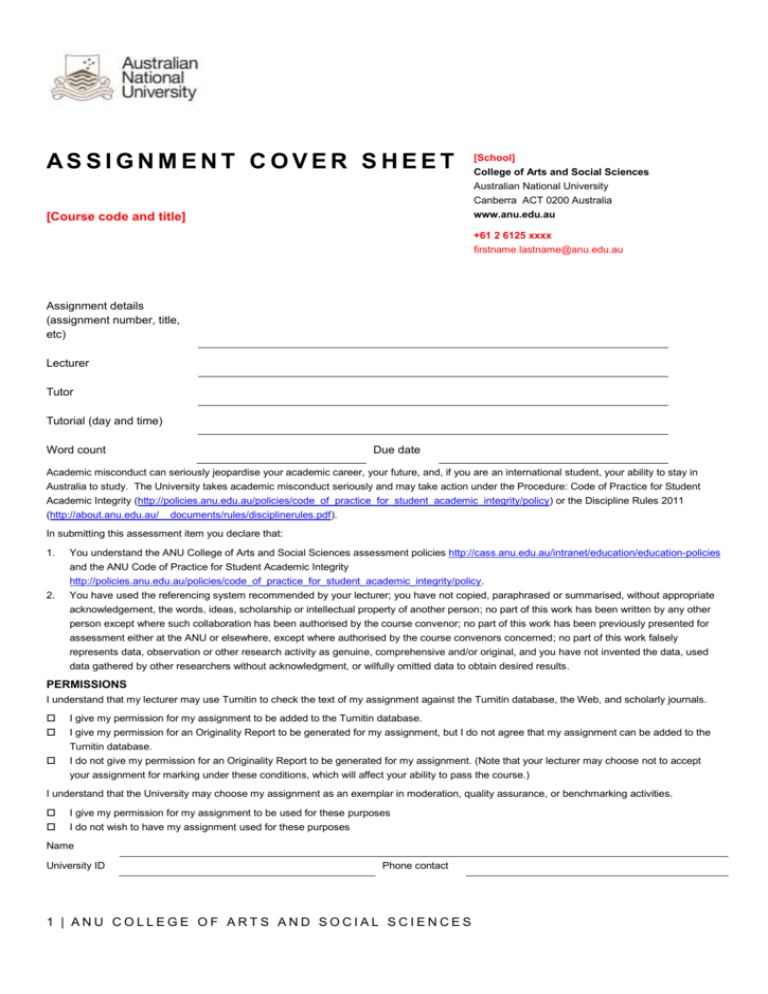 anu assignment cover sheet