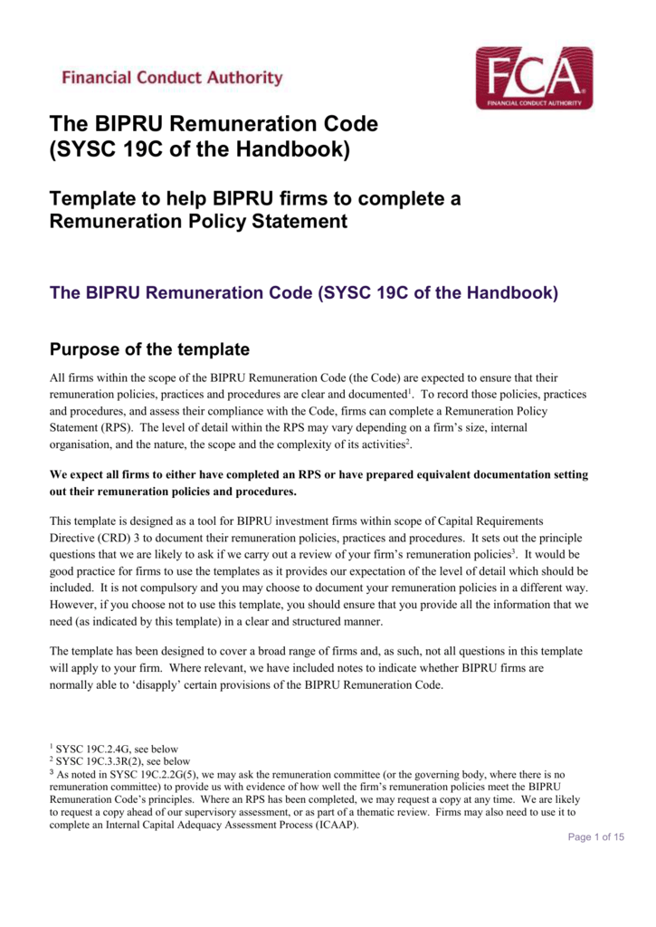Template For Bipru Financial Conduct Authority