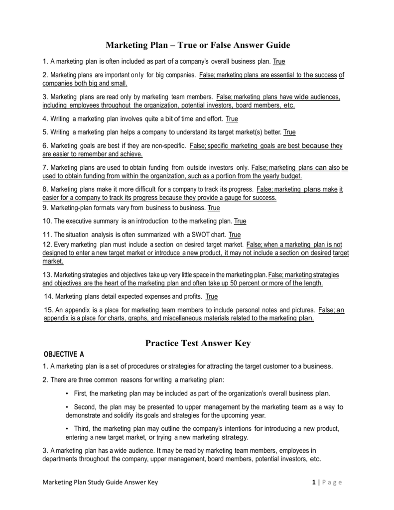 Marketing Plan Study Guide Answer Key