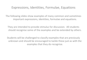 Expressions, Identities, Formulae, Equations