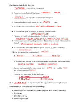 Taxonomy Study Guide Answer Sheet