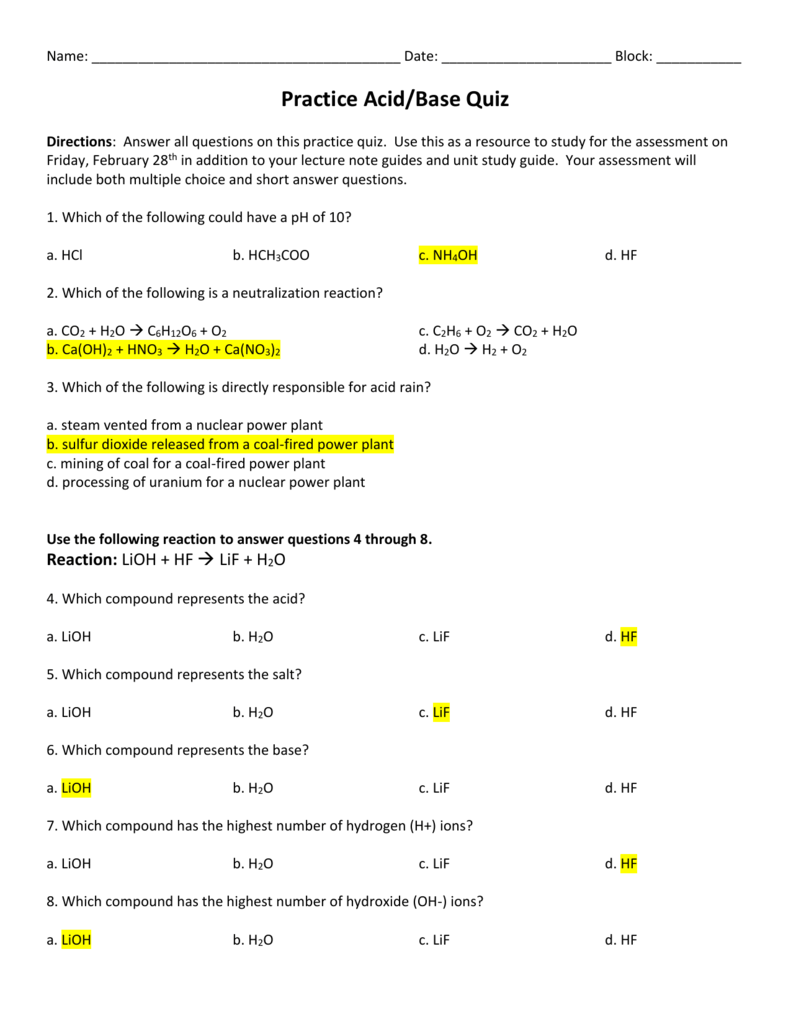 Acid Base Practice Quiz ANSWERS